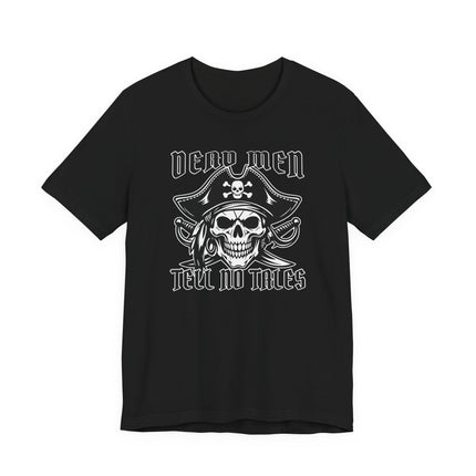 Dead Men Tell No Tales pirate skull graphic tee. Black unisex t-shirt featuring a skull and bandana design.