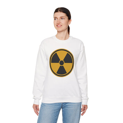 White sweatshirt featuring a yellow nuclear radiation warning symbol graphic.