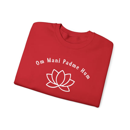 Om Mani Padme Hum mantra and lotus graphic on a red spiritual sweatshirt.