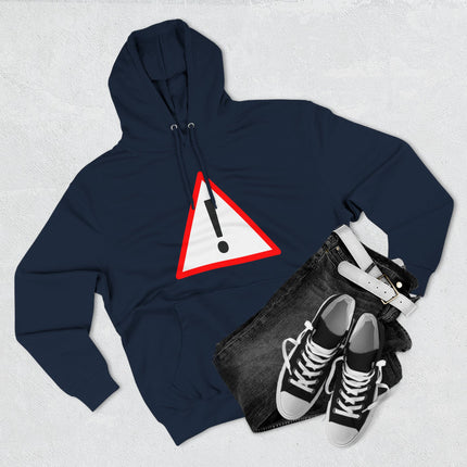 Black hoodie featuring a red triangular warning sign and exclamation point graphic.