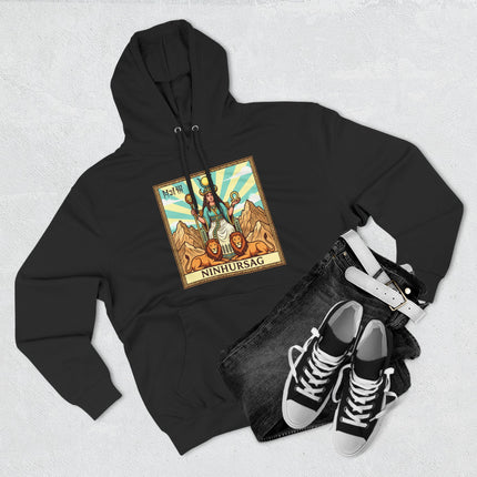 Ninhursag Sumerian Goddess art hoodie featuring Mesopotamian mythology and lions.