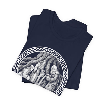 Norns weaving fate at Yggdrasil, a Norse mythology graphic tee design.