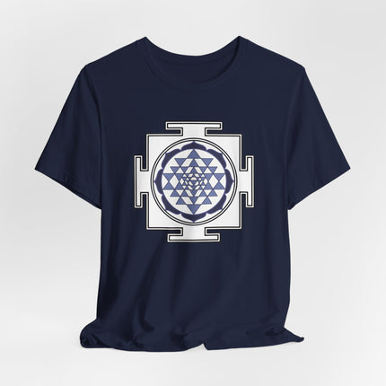 Sri Yantra sacred geometry mandala graphic tee on a navy blue shirt.