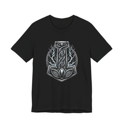 Norse Mjolnir hammer symbol graphic on a black t-shirt, featuring Thor's Viking mythology design.