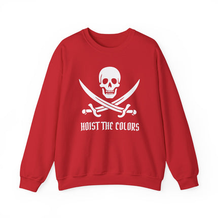 Red pirate sweatshirt featuring a skull, crossed sabers, and "Hoist the Colors" graphic.