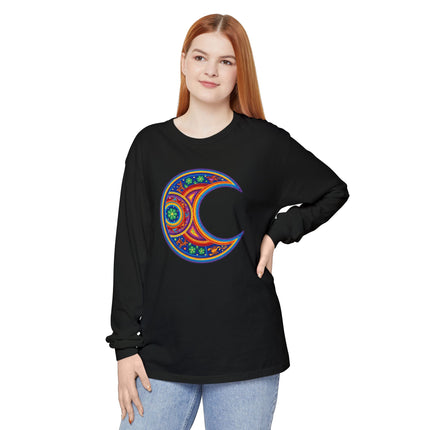 Huichol-Inspired Moon Long Sleeve T-Shirt | Colorful Crescent Art