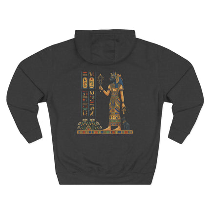 Egyptian goddess Bastet print on hoodie, featuring hieroglyphs and ancient Egyptian symbols.