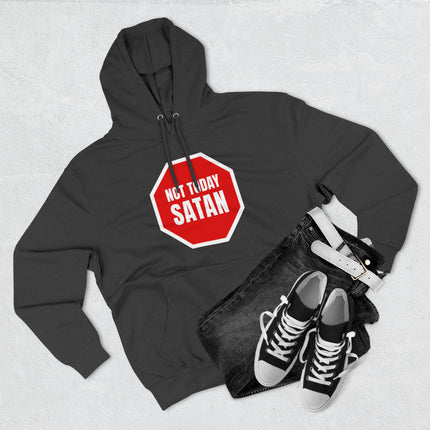 Black pullover hoodie featuring "Not Today Satan" stop sign graphic.