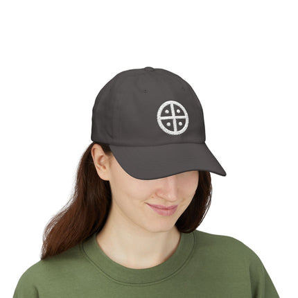 Embroidered solar cross symbol baseball cap featuring an ancient sun wheel design.
