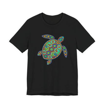 Colorful Huichol sea turtle folk art graphic on a black t-shirt.