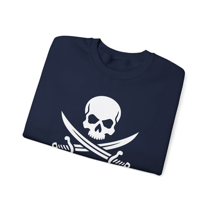Pirate skull and sword graphic sweatshirt featuring Jolly Roger design and "Take What Ye Can" text.
