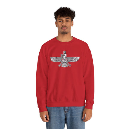 Faravahar winged symbol graphic on a red pullover sweatshirt.