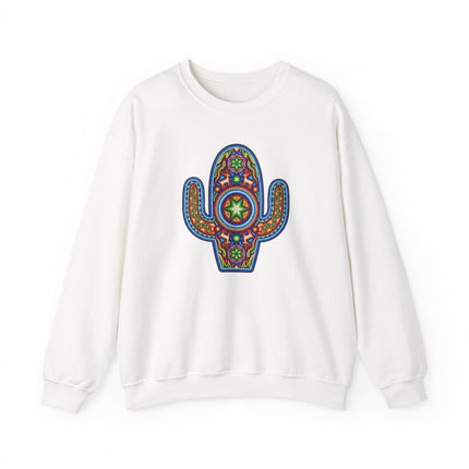 Vibrant Huichol cactus art pullover sweatshirt featuring traditional Mexican indigenous patterns.