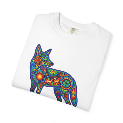 Huichol Coyote Art Tee - Colorful Indigenous Mexican Graphic T-Shirt