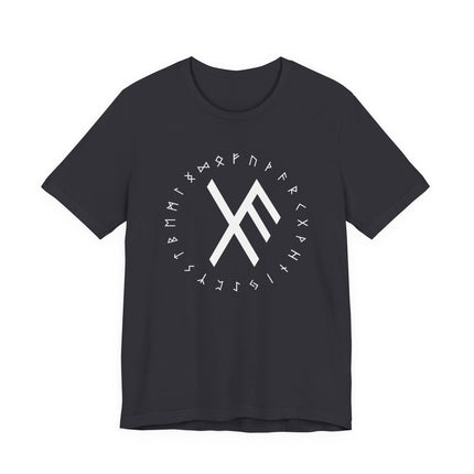 Norse rune t-shirt featuring a protective sigil and the full Elder Futhark alphabet.