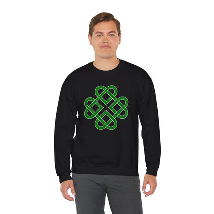 Green Celtic knot clover graphic on a black unisex sweatshirt.