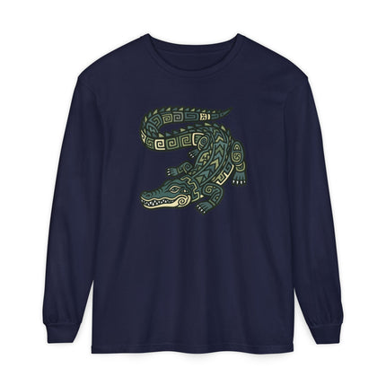 Mayan Crocodile Long Sleeve T-Shirt | Geometric Reptile Tee