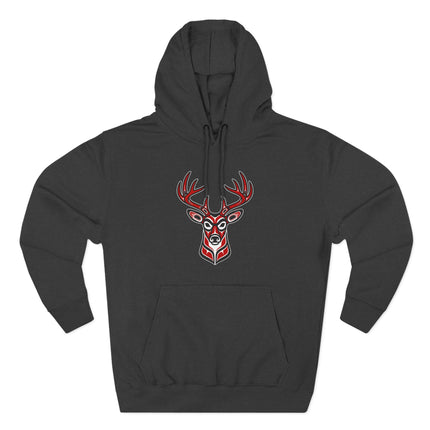 Red Tribal Deer Head Hoodie | Indigenous Art Stag Antlers Pullover Hoodie