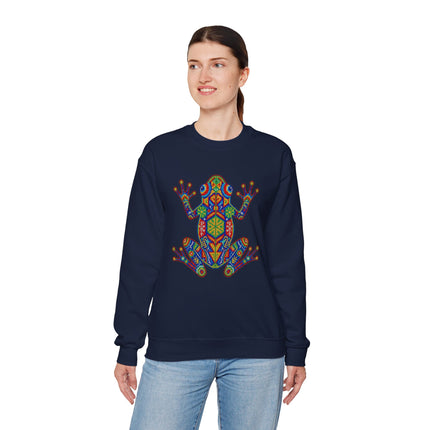 Vibrant geometric frog graphic inspired by Mexican Huichol indigenous art on a dark sweatshirt.