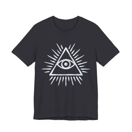 Eye of Providence all-seeing eye triangle graphic tee on a black shirt.
