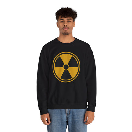 Black sweatshirt featuring a yellow radiation hazard symbol graphic.