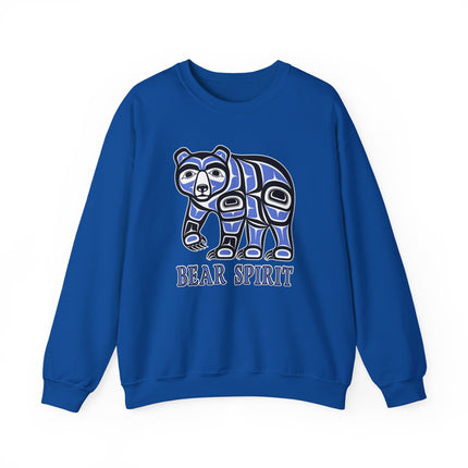 Blue sweatshirt featuring a tribal Native American bear graphic and "BEAR SPIRIT" text.