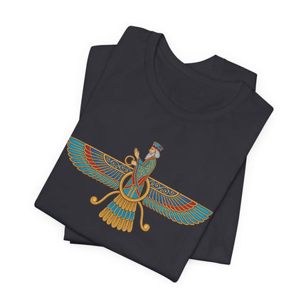 Faravahar winged symbol graphic tee featuring ancient Zoroastrian Persian art.