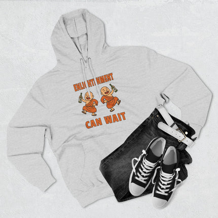 Funny hoodie featuring cartoon monks drinking sake and the quote: "Enlightenment Can Wait.