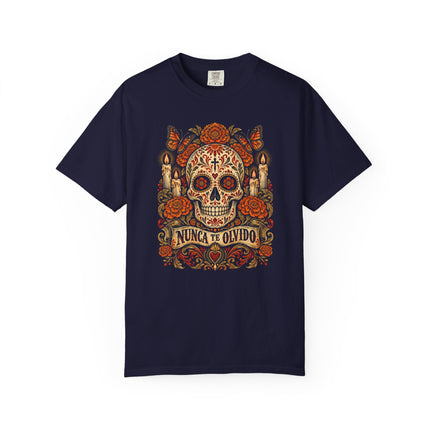Nunca Te Olvido T-Shirt | Remembrance Skull, Flowers and Candles
