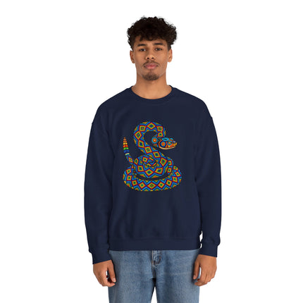 Colorful geometric rattlesnake art graphic on a navy pullover sweatshirt.