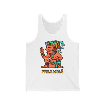 Colorful Itzamná Mayan god graphic print on a unisex ancient mythology tank top.