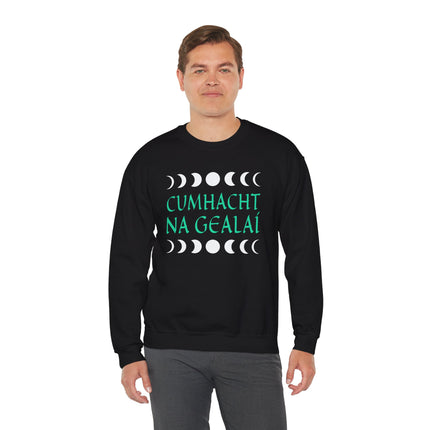 Cumhacht Na Gealaí moon phase graphic sweatshirt for Irish spiritual gifts.