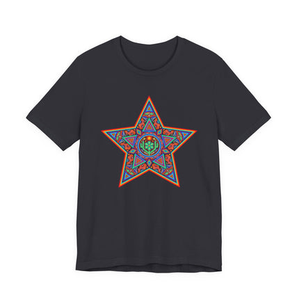 Black t-shirt with colorful Huichol star graphic, featuring Mexican indigenous geometric art.