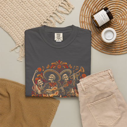 Day of the Dead T-Shirt | Skeleton Musicians and Marigold Art