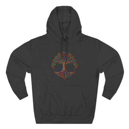 Vibrant Celtic Tree of Life graphic on a black hoodie, featuring Yggdrasil world tree art.
