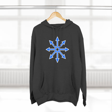 Chaos star symbol on black unisex hoodie, esoteric occult graphic design.