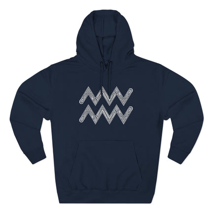 Aquarius zodiac symbol tribal pattern on a navy blue pullover hoodie.