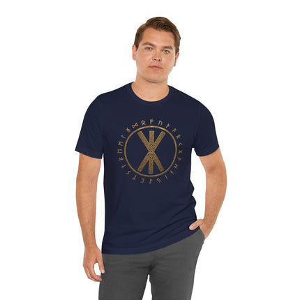 Navy t-shirt featuring a gold Bind Rune and Viking Elder Futhark runic circle design.