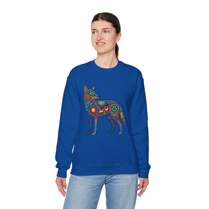 Vibrant Huichol coyote art graphic on blue sweatshirt. Mexican folk art spirit guide print.