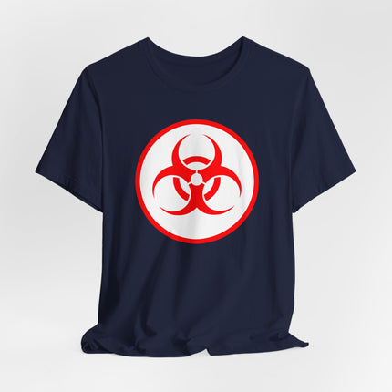 Red biohazard symbol graphic on a navy blue unisex t-shirt.