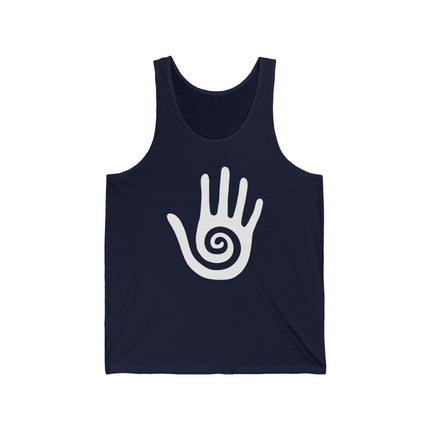Spiritual hand symbol tank top featuring a white Hopi spiral design.