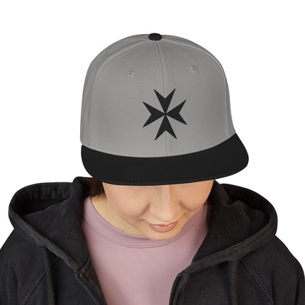 Gray snapback cap featuring an embroidered Maltese Cross symbol for history enthusiasts.