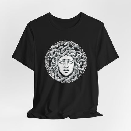 Medusa Gorgon head graphic tee featuring snakes and Greek key pattern.