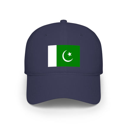 Pakistan flag baseball cap on navy blue fabric. Patriotic country symbol for national pride.