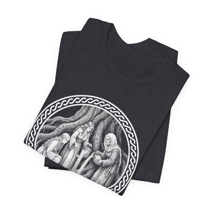 Norse mythology Norns and Yggdrasil fate weavers graphic tee art.