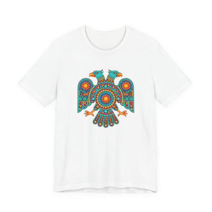 Mexican folk art double-headed eagle graphic tee, vibrant Huichol style print featuring Mesoamerican mythology.