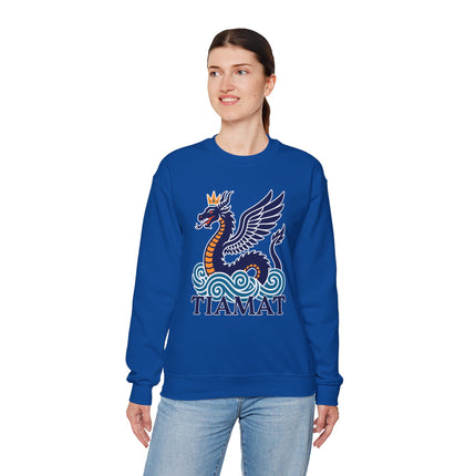 Tiamat winged sea dragon graphic on blue sweatshirt, featuring ancient Mesopotamian mythology art.