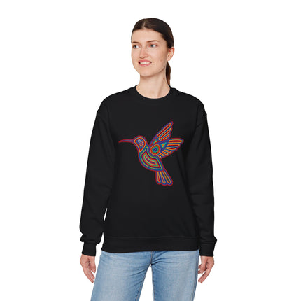 Geometric hummingbird graphic on black sweatshirt, featuring vibrant indigenous Huichol art style.