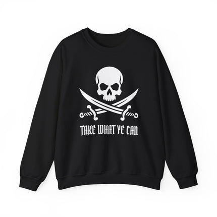 Jolly Roger skull and crossed swords graphic with "Take What Ye Can" text.