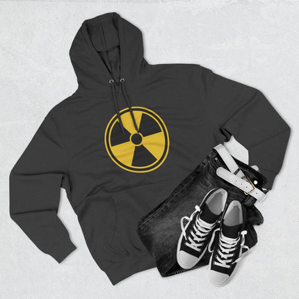Black hoodie featuring a yellow radioactive warning symbol graphic.
